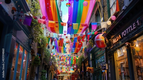 Pride-themed decorations adorning streets and buildings, creating a festive atmosphere 