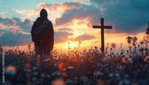 A man is kneeling in front of a church with a cross on the front by AI generated image photo