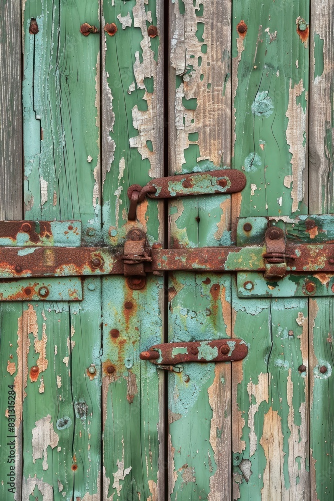 Abstract texture of a weathered wooden barn door with peeling green paint and rusty hinges. Close-up focus on the distressed details. Abstract texture of a weathered wooden barn door with peeling green paint and rusty hinges. Close-up focus on the distressed details.