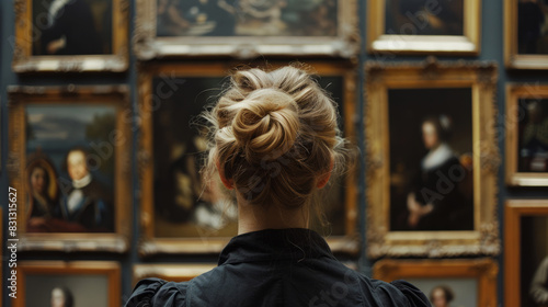 woman looking at the paintings in an art gallery. 