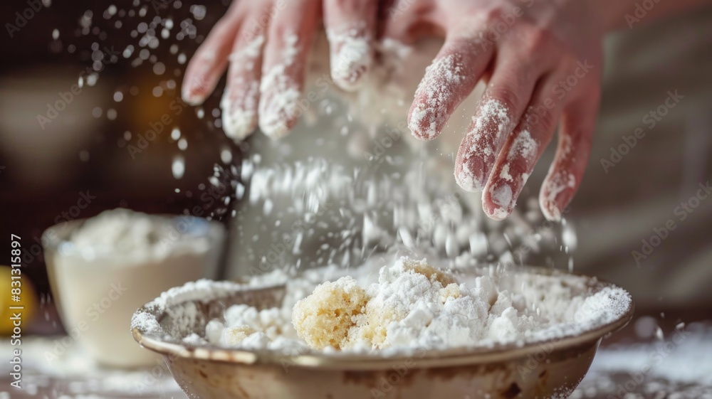 Close-up of hands baking with sugar substitutes, making healthy and delicious treats Close-up of hands baking with sugar substitutes, making healthy and delicious treats