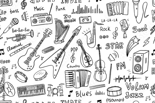 Seamless pattern of music instruments. Violin, harp, banjo, guitar electric, saxophon, flute, drum, accordion, xylophone, harmonica, tambourine, cymbals, synthesizer, record player, microphone. Doodle photo