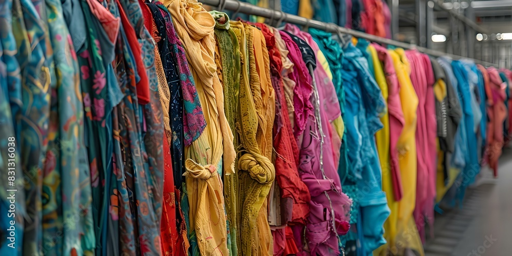 Fototapeta premium Fashion waste colorful clothing scraps at a municipal waste sorting facility showcasing the impact of discarded fashion. Concept Fashion Waste, Clothing Scraps, Municipal Waste Sorting