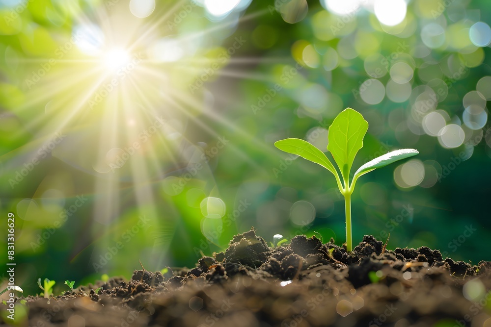 New Sprout Growing with Sun Rays on Green Background New Sprout Growing with Sun Rays on Green Background
