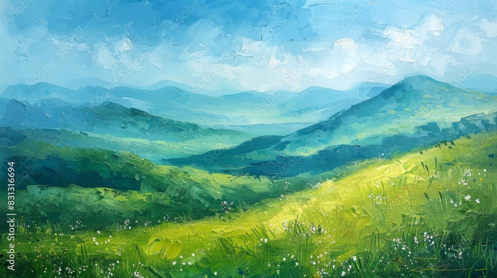 Naklejka premium Serene landscape painting with lush meadows