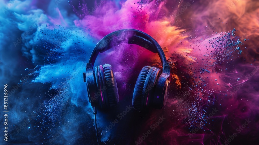 A pair of headphones is surrounded by colorful powder, creating a vibrant A pair of headphones is surrounded by colorful powder, creating a vibrant