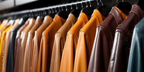 Closeup of stylish leather jackets hanging on a rack. Concept Fashion Photography, Stylish Outerwear, Wardrobe Styling, Retail Display, Leather Jackets