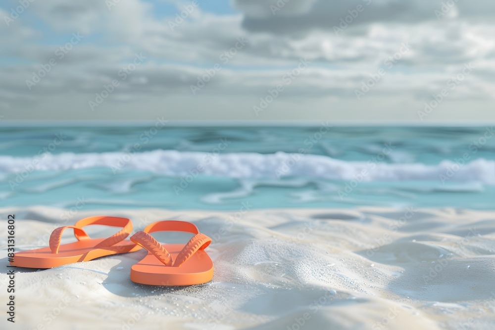 Obraz premium Orange Flip-Flops on White Sand by the Sea