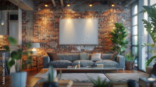 A cozy living room featuring a large gray sofa, brick wall, modern decor, and indoor plants. Bright sunlight filters through the windows, highlighting the rooms inviting ambiance.