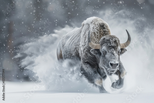 AI generated illustration of a massive buffalo galloping in a snowy blizzard