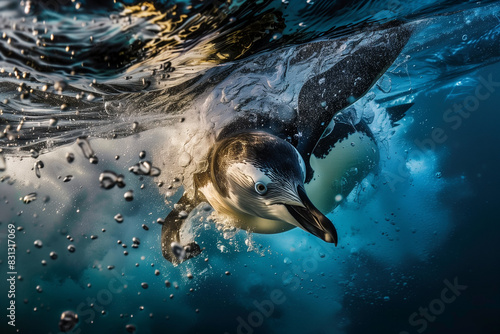 AI generated illustration of a penguin swimming underwater, releasing bubbles
