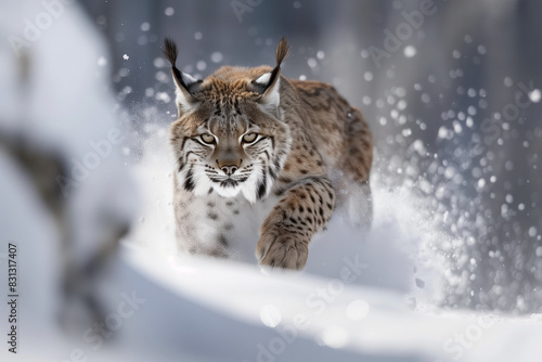 AI generated illustration of a lynx running through snowy forest with a tree