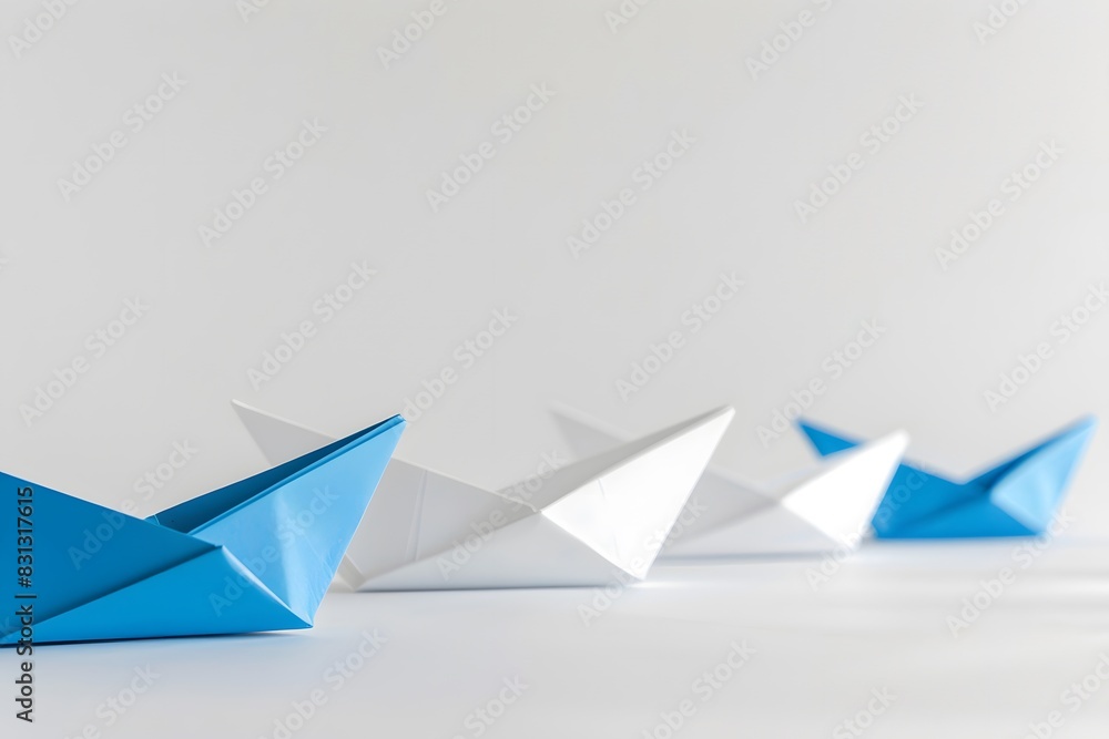 Blue Paper Boat Leading White Boats on White Background Blue Paper Boat Leading White Boats on White Background
