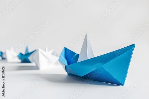 Blue Paper Boat Leading White Boats on White Background