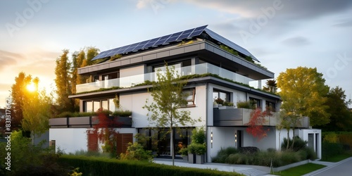 Modern sustainable residences with solar panels for energy efficiency in multiunit buildings. Concept Solar Panels, Energy Efficiency, Modern Architecture, Sustainable Living, Multiunit Buildings