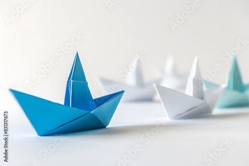 Blue Paper Boat Leading White Boats on White Background