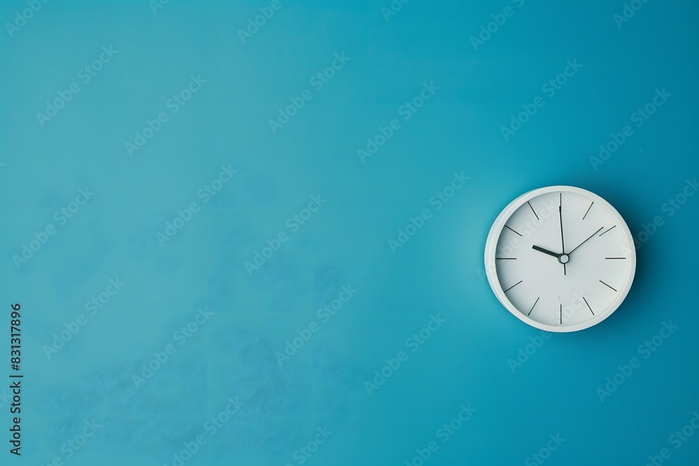 Minimalistic White Clock on Blue Background with Copy Space Minimalistic White Clock on Blue Background with Copy Space