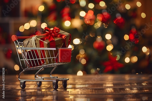 Shopping Cart with Christmas Gifts on Wooden Table