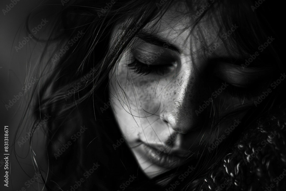 Black and white portrait of a woman lost in thought, showcasing serenity and solitude Black and white portrait of a woman lost in thought, showcasing serenity and solitude