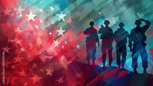 Abstract blend of red, white, and blue hues with silhouettes of soldiers saluting photo