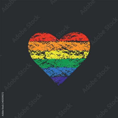 Grunge rainbow pride LGBT flag. Abstract hand drawn heart painted with brush strokes. Vector illustration isolated on black background.