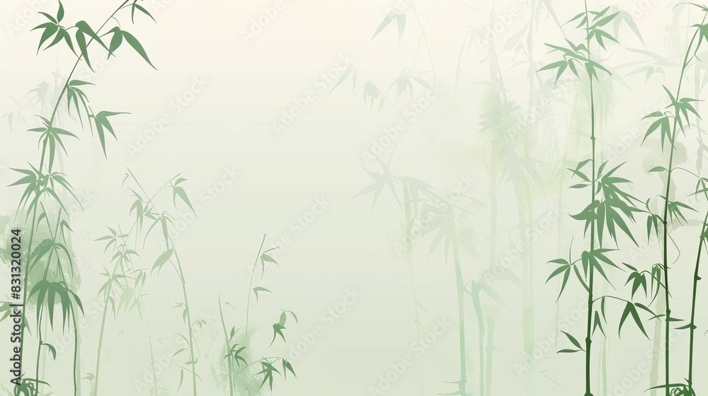 Serene background featuring green bamboo stalks and leaves in a misty atmosphere Serene background featuring green bamboo stalks and leaves in a misty atmosphere