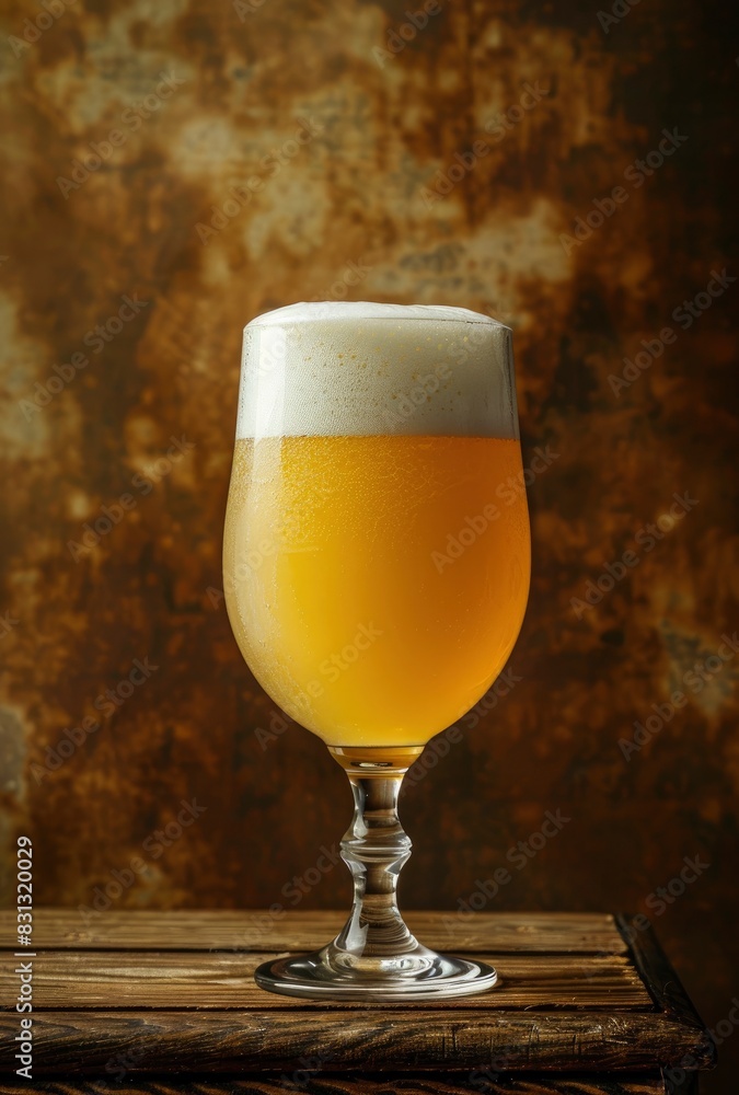 A glass of light yellow beer with foam on old wooden table against a vintage brown background A glass of light yellow beer with foam on old wooden table against a vintage brown background