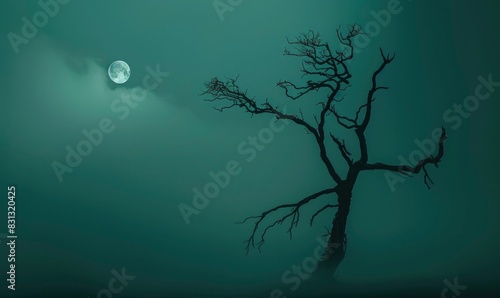 A tall dead tree in the foggy night sky with moon