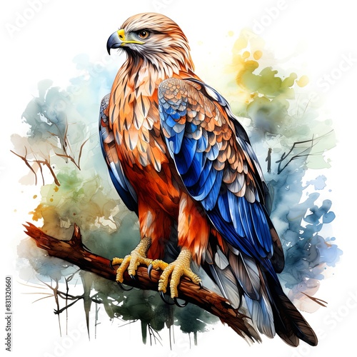 Colorful watercolor painting of a majestic hawk perched on a branch, surrounded by nature's beauty and vibrant foliage.