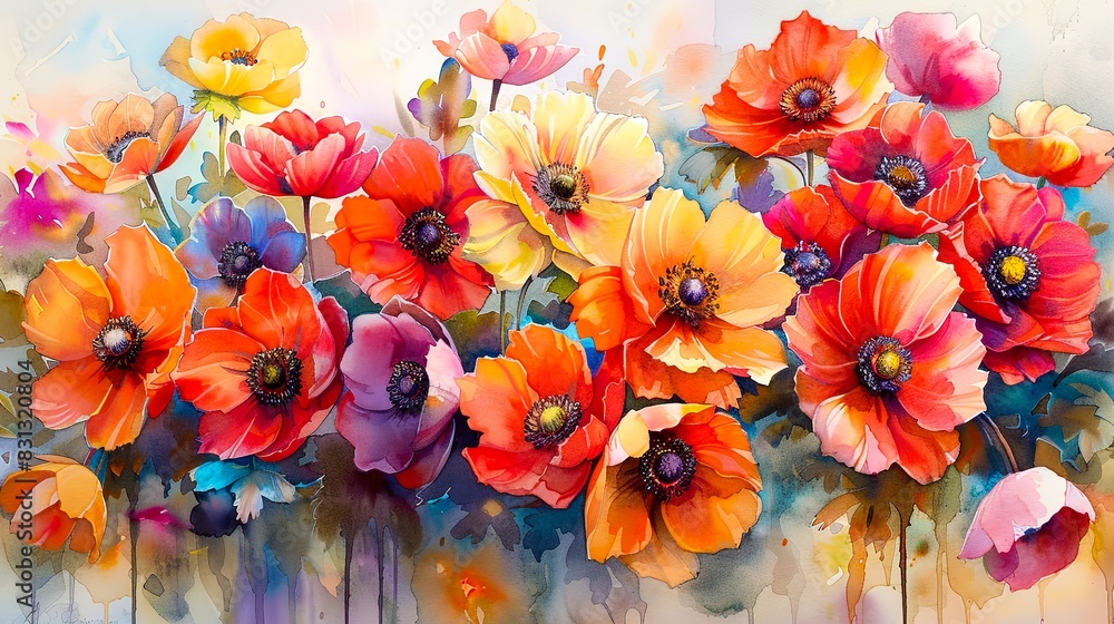 Vibrant abstract painting of colorful flowers with bold brushstrokes, featuring vivid reds, oranges, purples, and yellows.