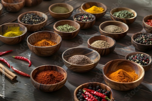 Vibrant Assortment of Spices in Wooden Bowls on Rustic Table