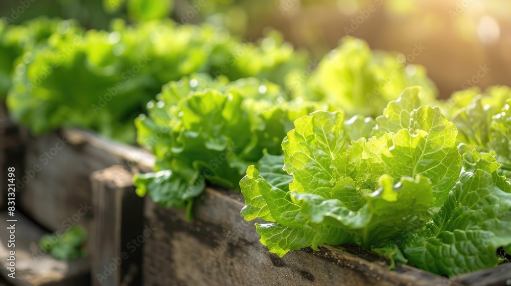 Lettuce leaves in the garden. A background for gardening with lettuce plants on a wooden bed. The concept of organic farming, homemade vegetables. Lettuce leaves in the garden. A background for gardening with lettuce plants on a wooden bed. The concept of organic farming, homemade vegetables.