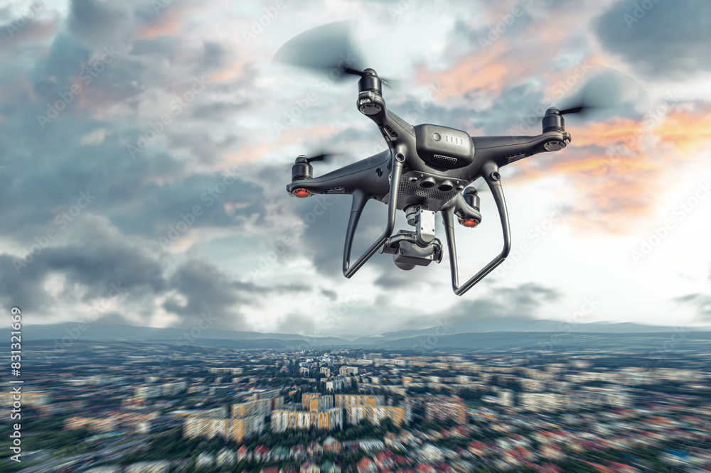 Dark drone in flight over the city. Dark drone in flight over the city.