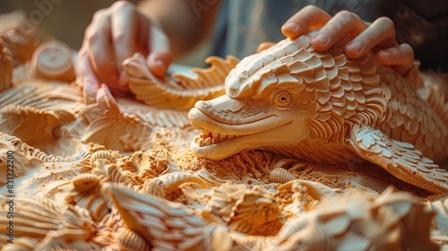 A man is carving a wooden fish with a smile on its face photo
