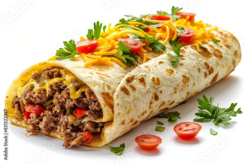 Tasty burrito with ground beef, melted cheese, and fresh vegetables, emphasizing a flavorful and filling Mexican dish perfect for a quick meal