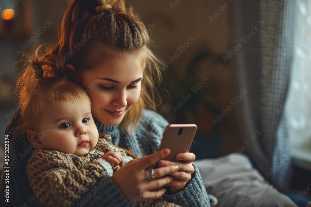 A mother with her little daughter in her arms looking at her smartphone, AI-generated A mother with her little daughter in her arms looking at her smartphone, AI-generated