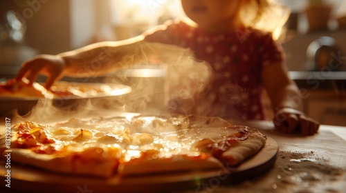 Savoring Homemade Delights: Irresistibly Fresh Pizza in Soft Morning Light with Child Reaching Out for a Slice photo