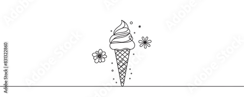 Ice cream on a stick and in a waffle cone in one continuous pattern. vector illustration