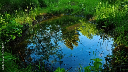 A small water body reflecting the surrounding greenery of grass and trees