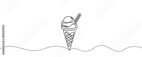 Ice cream on a stick and in a waffle cone in one continuous pattern. vector illustration