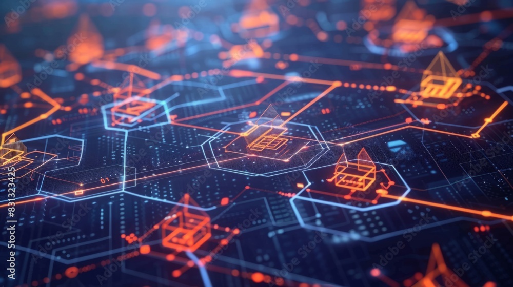 A computer screen displaying a complex array of lines and shapes, creating a dynamic visual pattern. A computer screen displaying a complex array of lines and shapes, creating a dynamic visual pattern.