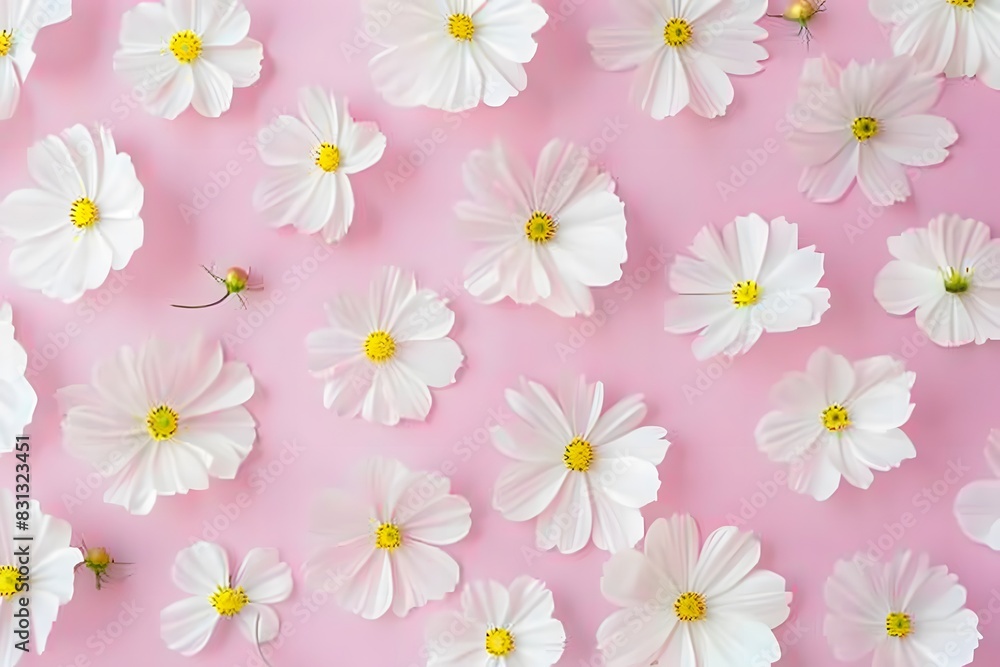 White Cosmos Flowers on Pink Pastel Background White Cosmos Flowers on Pink Pastel Background