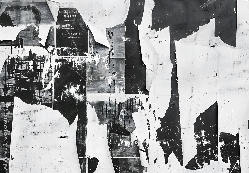 Naklejka premium Abstract Black and White Torn Paper Collage with Urban Street Art
