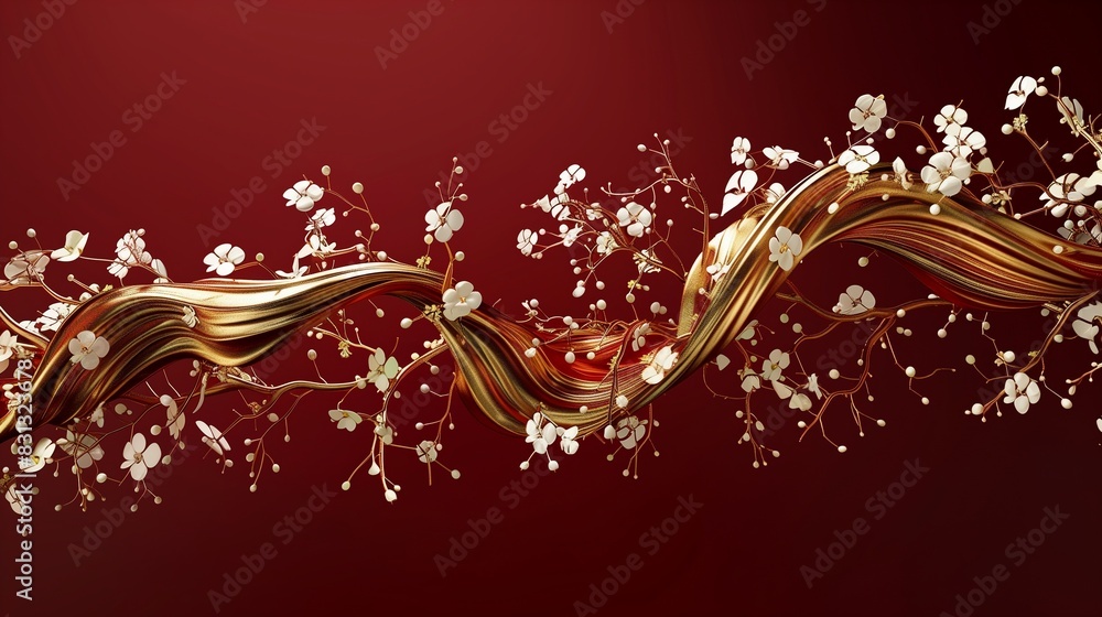 A captivating 3D wave of golden arabesque branches flowing across the scene, with white flowers blooming along the crest. The deep red background enhances the movement and elegance of the wave. A captivating 3D wave of golden arabesque branches flowing across the scene, with white flowers blooming along the crest. The deep red background enhances the movement and elegance of the wave.