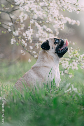 A cute pug dog sitting in the tall grass near a flowering tree. Side view.
