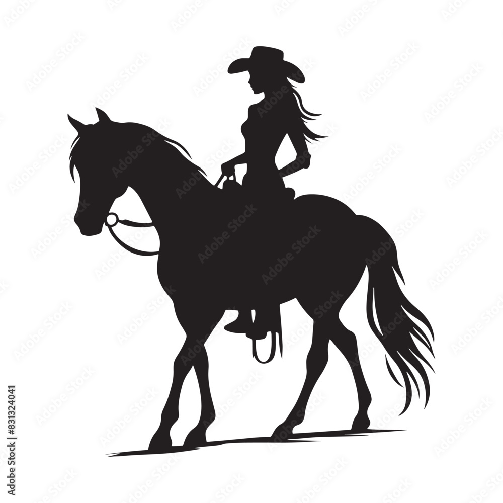 Naklejka premium Sunset Cowgirl Horse Riding Silhouette - Cowgirl Horse Riding Illustration 