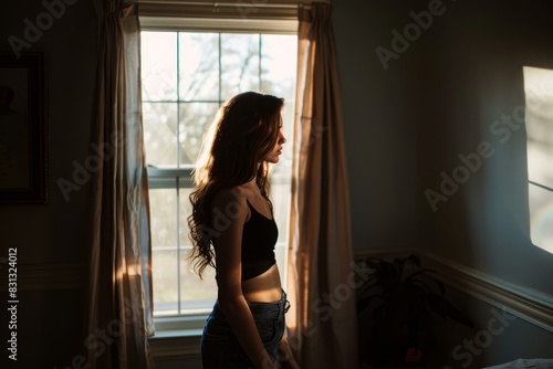 Woman stands contemplatively by a window, basked in warm sunlight