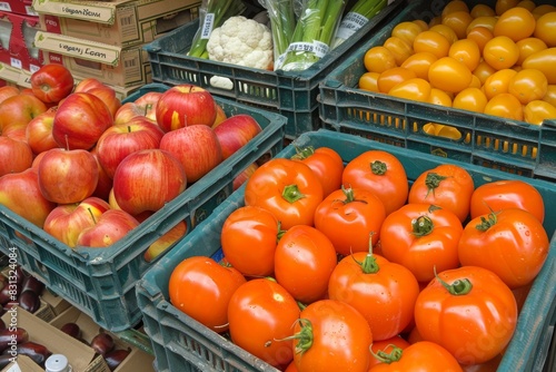 Fresh tomatoes on display at a market  showcasing vibrant colors and emphasizing healthy and organic produce perfect for promoting fresh eating