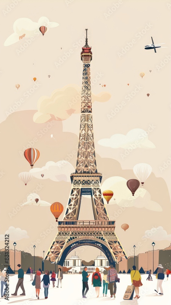 Illustration of Eiffel Tower with tourists and hot air balloons. Iconic Paris landmark and travel adventure.