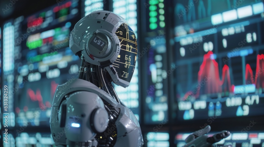 A robot standing in front of a wall filled with data, analyzing and processing information with futuristic technology. A robot standing in front of a wall filled with data, analyzing and processing information with futuristic technology.